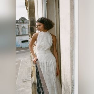 Zara White / Oyster High Neck Openwork Embroidery Midi Dress Size xl